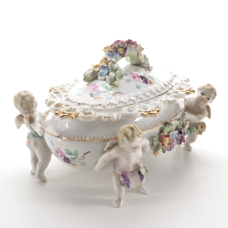 Capodimonte Style Hand-Painted Ceramic Floral Cherub Jewelry Casket