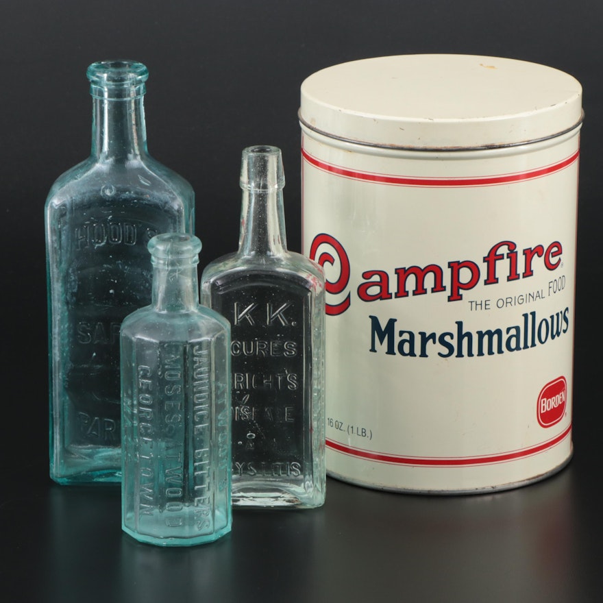 Antique Hood's and K.K. Medicinal Bottles with Replica Campfire Marshmallows Tin