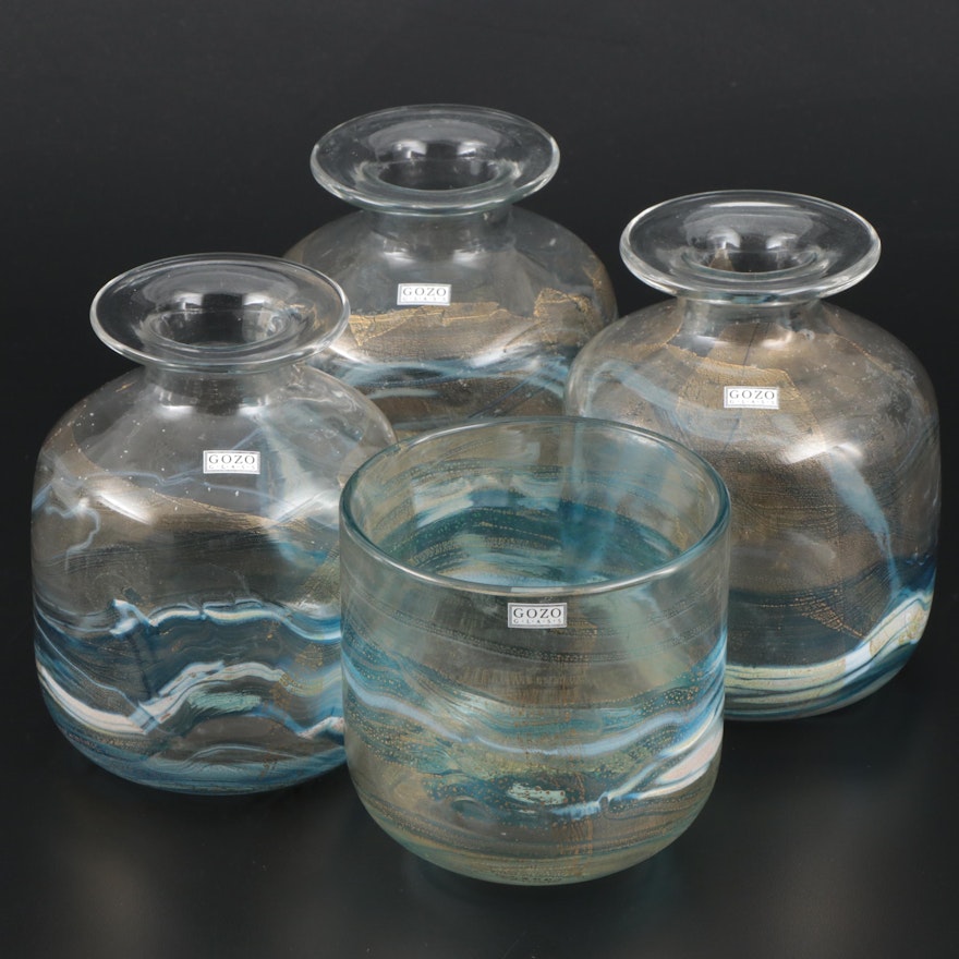 Gozo Art Glass Blue and Gold Vases and Decorative Bowl