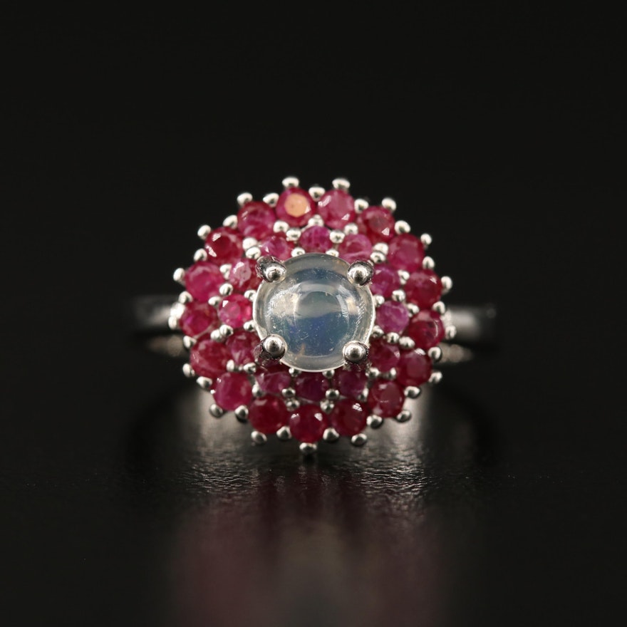 Sterling Silver Corundum and Opal Ring Featuring Tiered Design