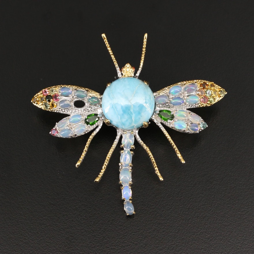 Sterling Larimar, Opal and Diopside Dragonfly Brooch