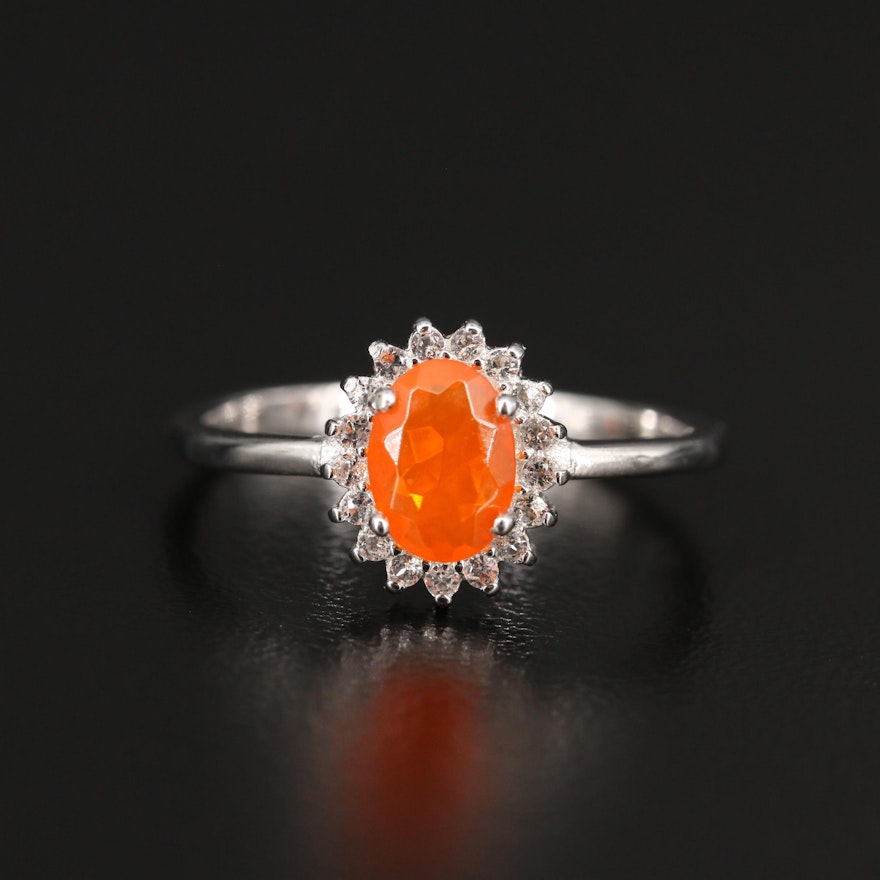 Fire Opal and Topaz Halo Ring in Sterling