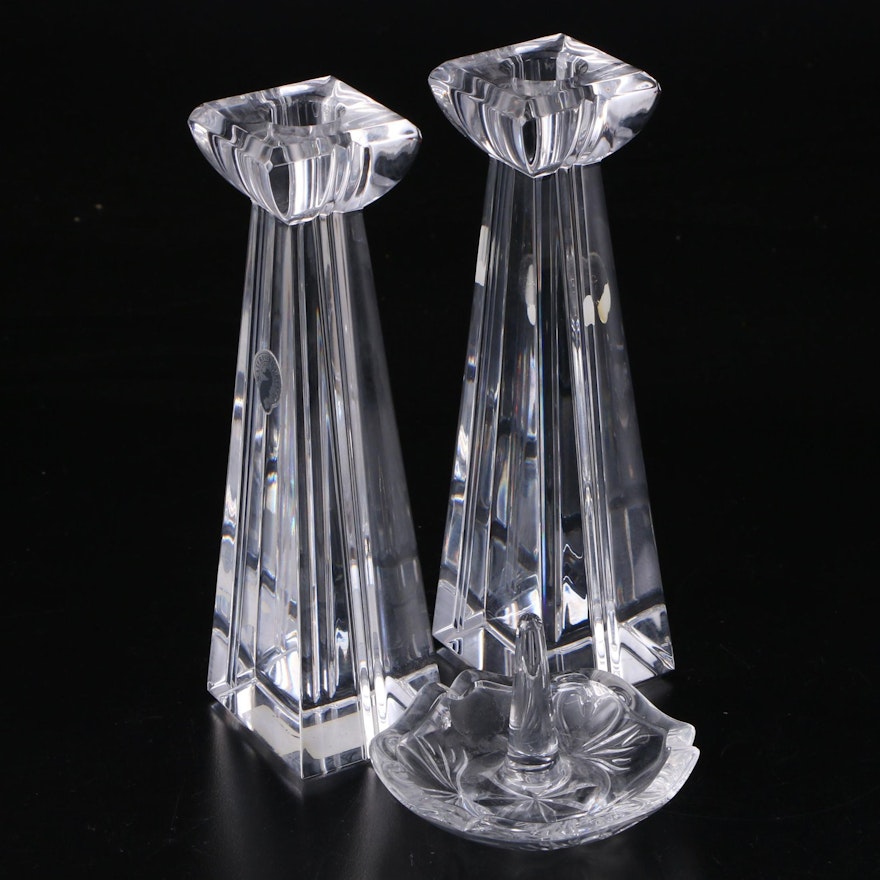 Waterford Crystal "W Collection" Single Light Candlesticks with Ring Dish