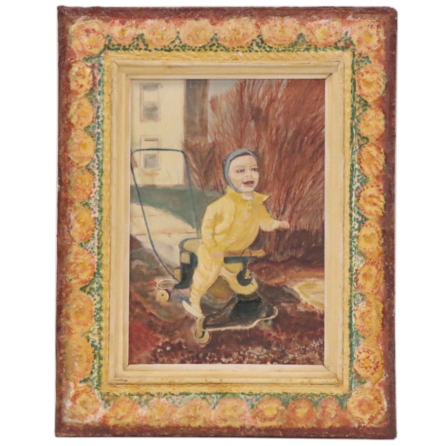 Earl Hasting Beymer Folk Art Oil Painting of Child in Yellow Suit