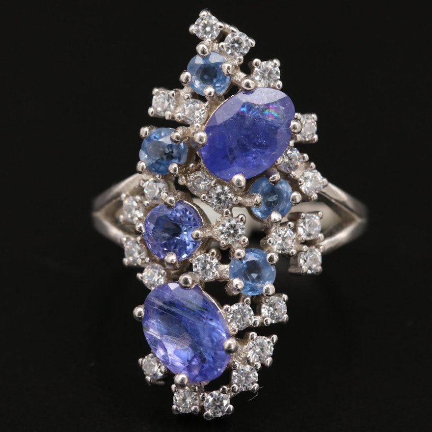 Sterling Tanzanite and Cubic Zirconia Cluster Ring