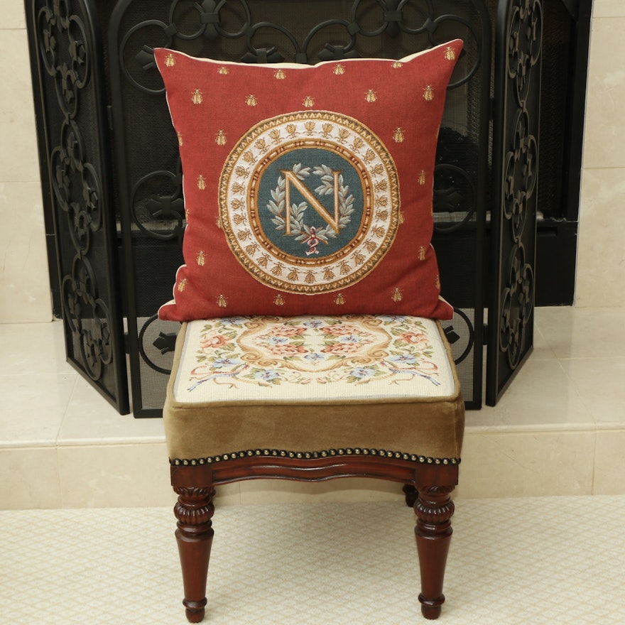 Needlepoint Ottoman and Pillow From Château de Fontainebleau