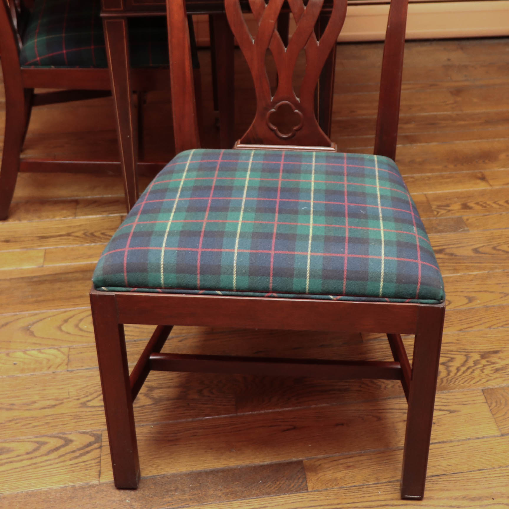 Baker Drop-Leaf Mahogany Dining Table with String Inlay, and Two Dining Chairs