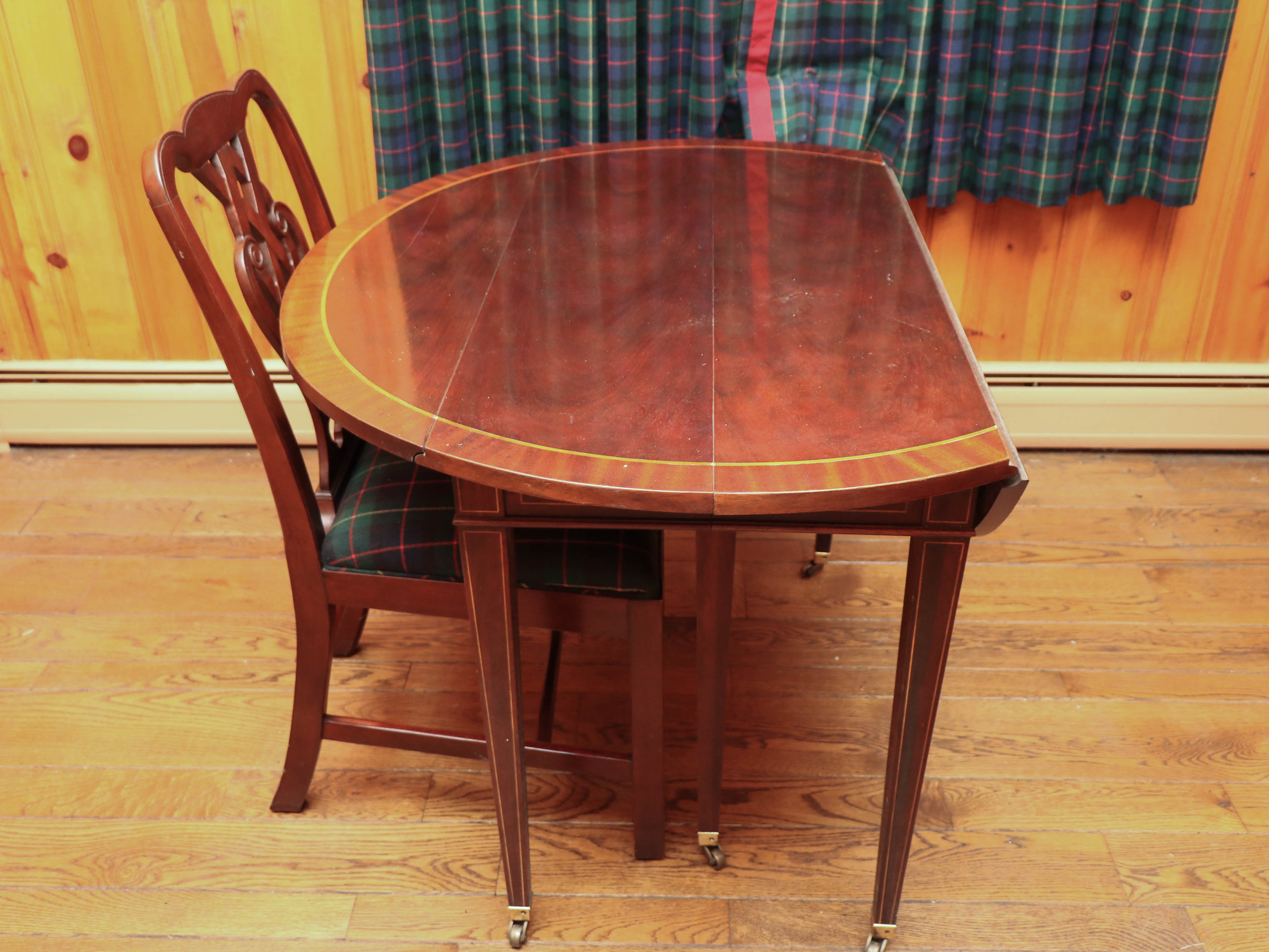 Baker Drop-Leaf Mahogany Dining Table with String Inlay, and Two Dining Chairs