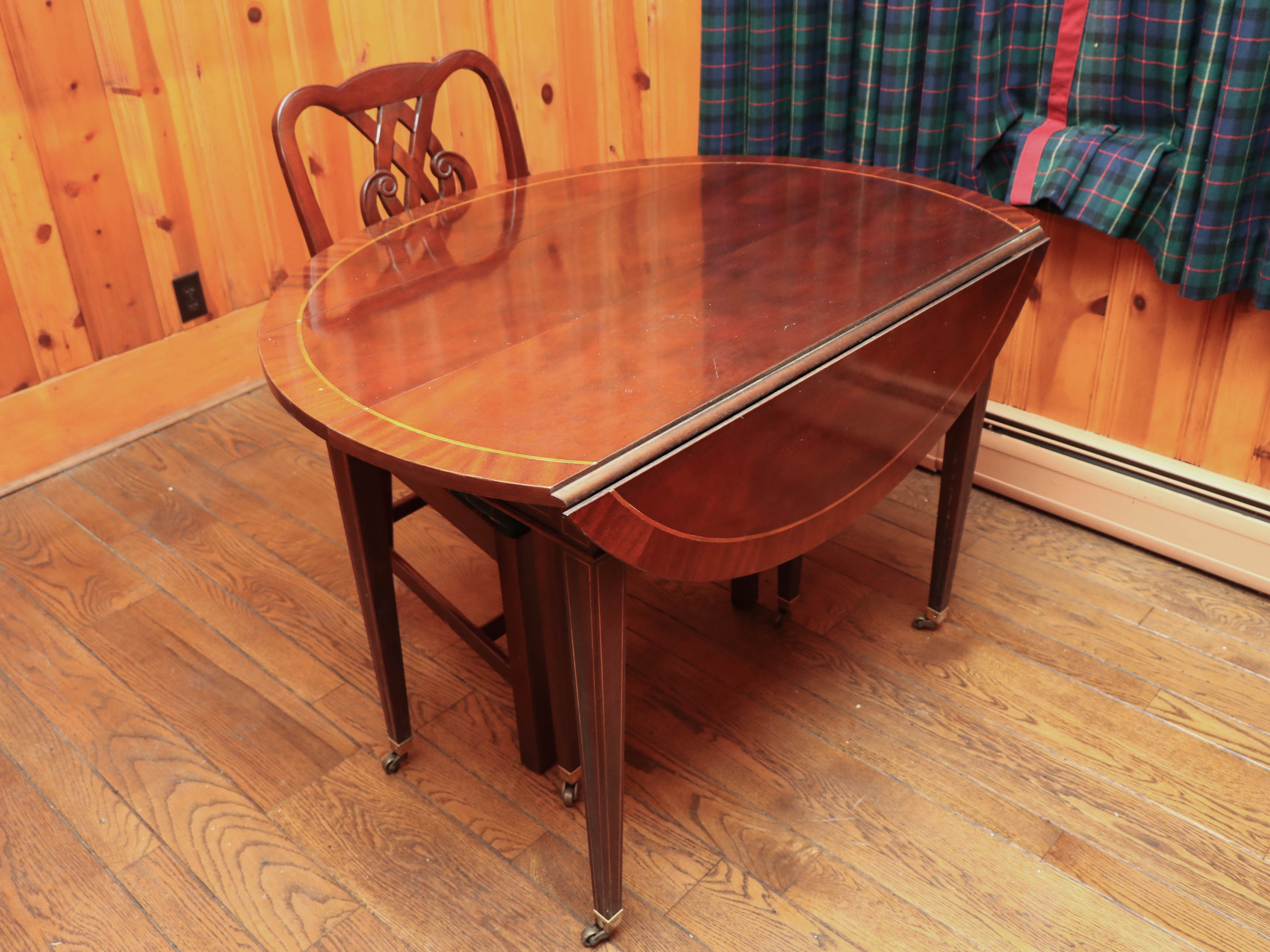 Baker Drop-Leaf Mahogany Dining Table with String Inlay, and Two Dining Chairs