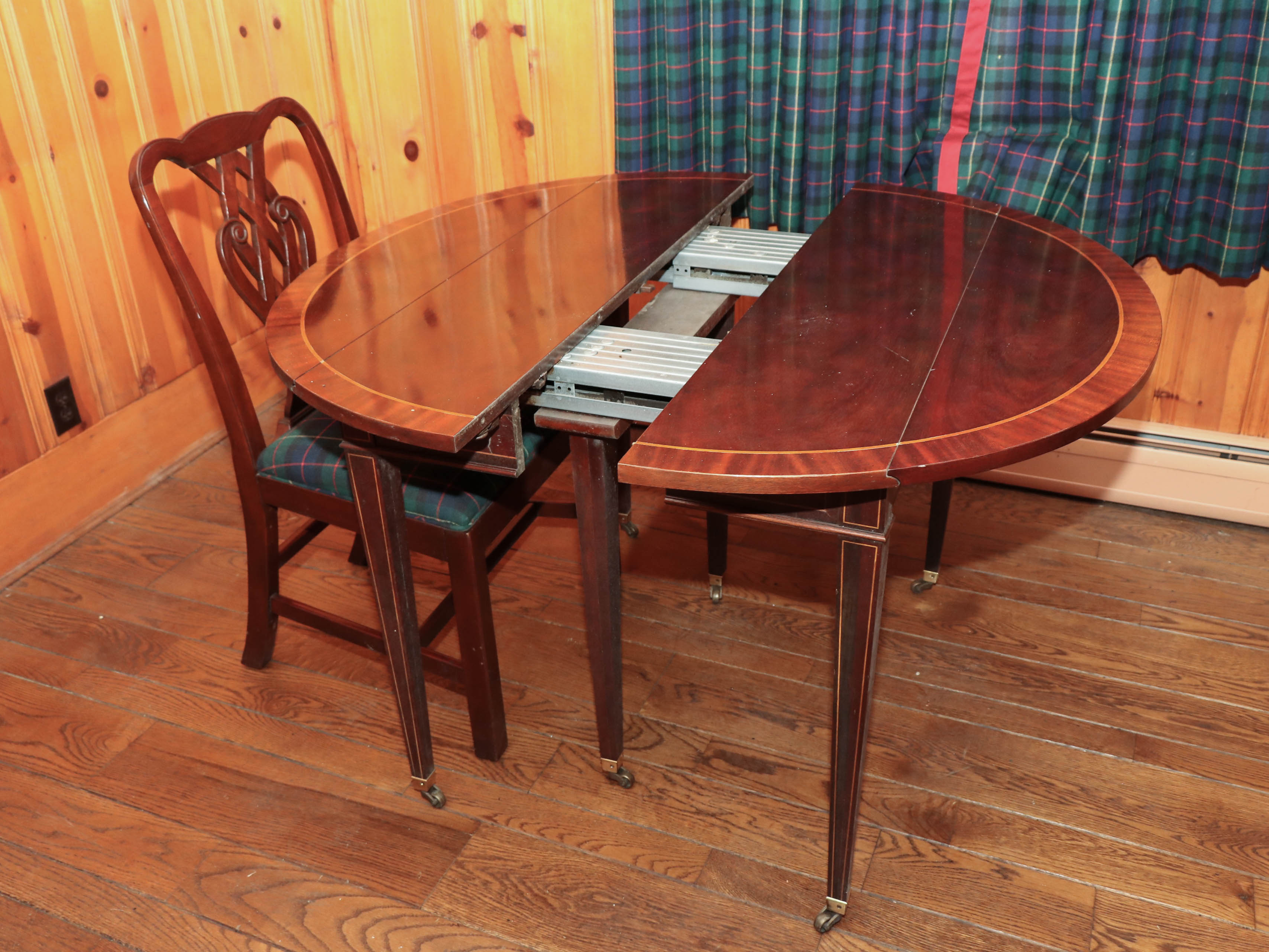 Baker Drop-Leaf Mahogany Dining Table with String Inlay, and Two Dining Chairs