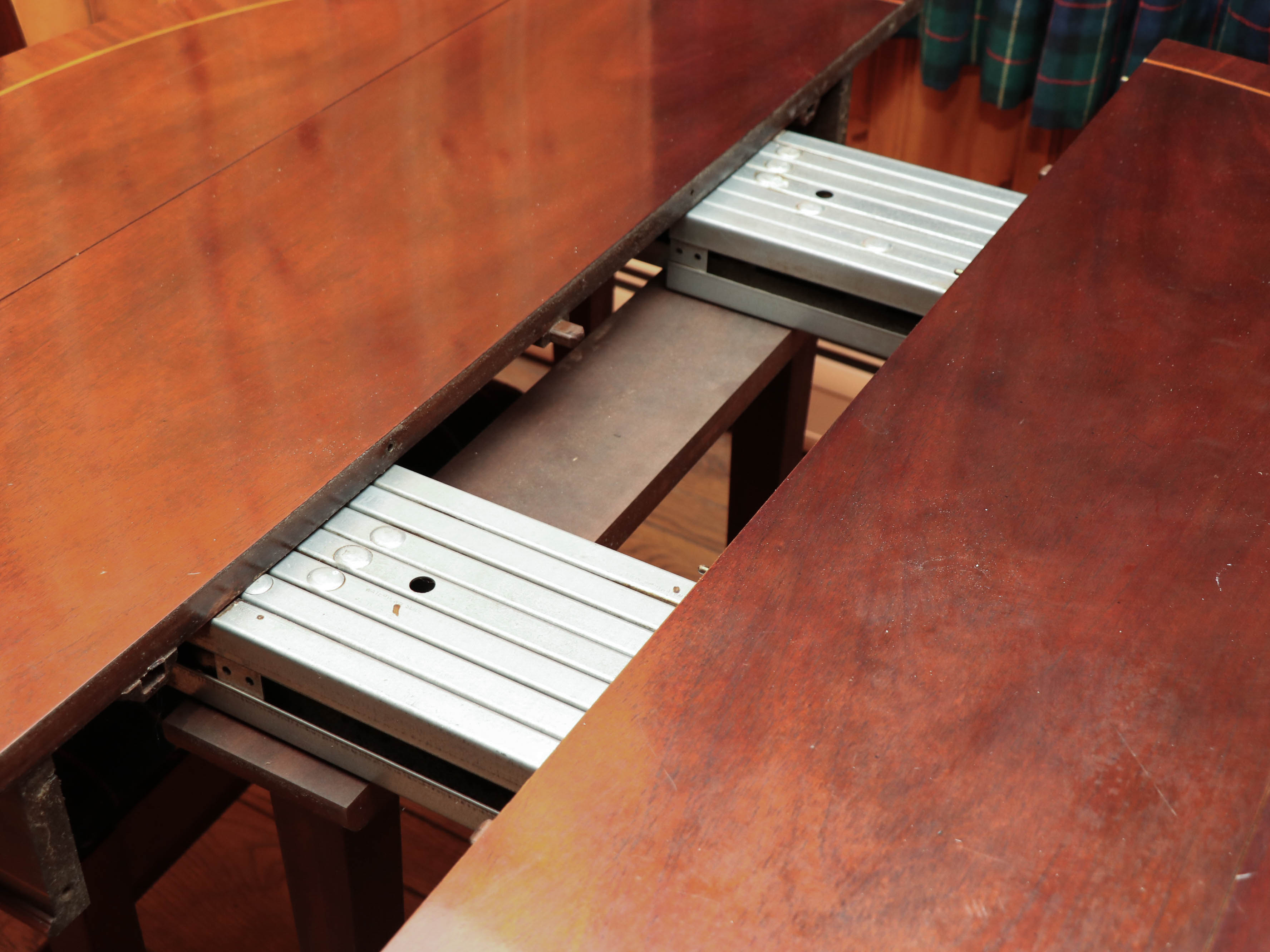 Baker Drop-Leaf Mahogany Dining Table with String Inlay, and Two Dining Chairs