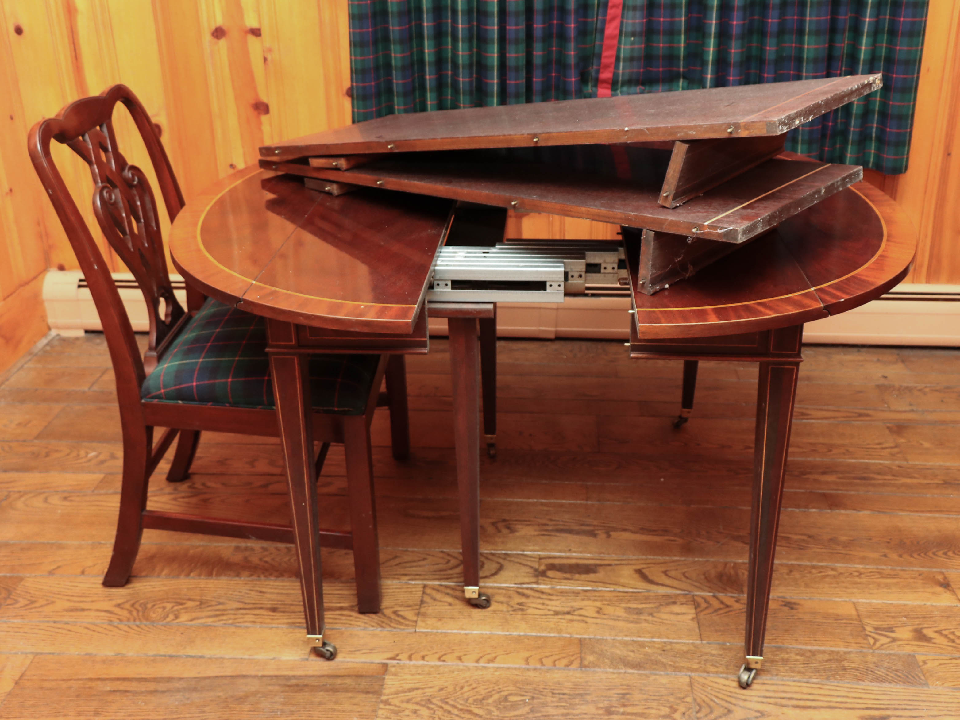 Baker Drop-Leaf Mahogany Dining Table with String Inlay, and Two Dining Chairs