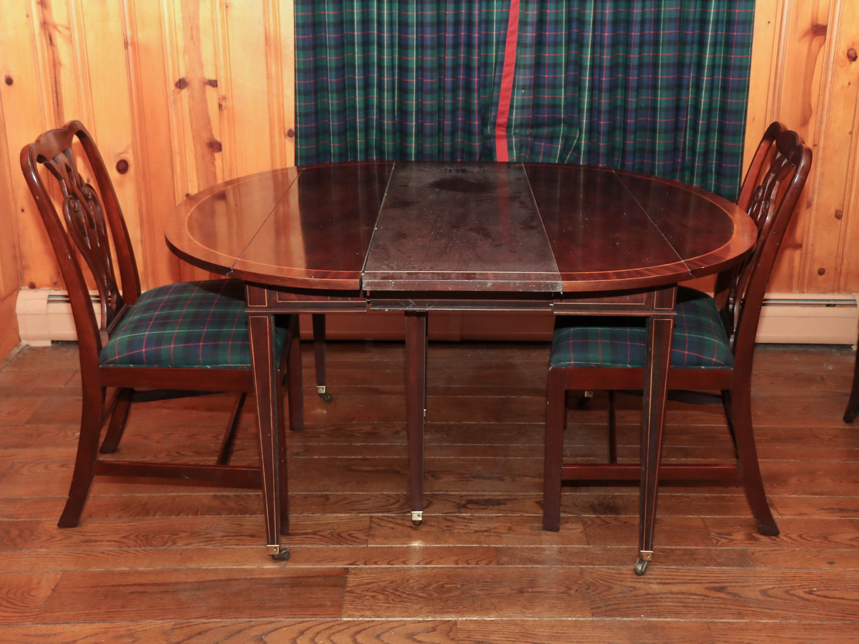Baker Drop-Leaf Mahogany Dining Table with String Inlay, and Two Dining Chairs