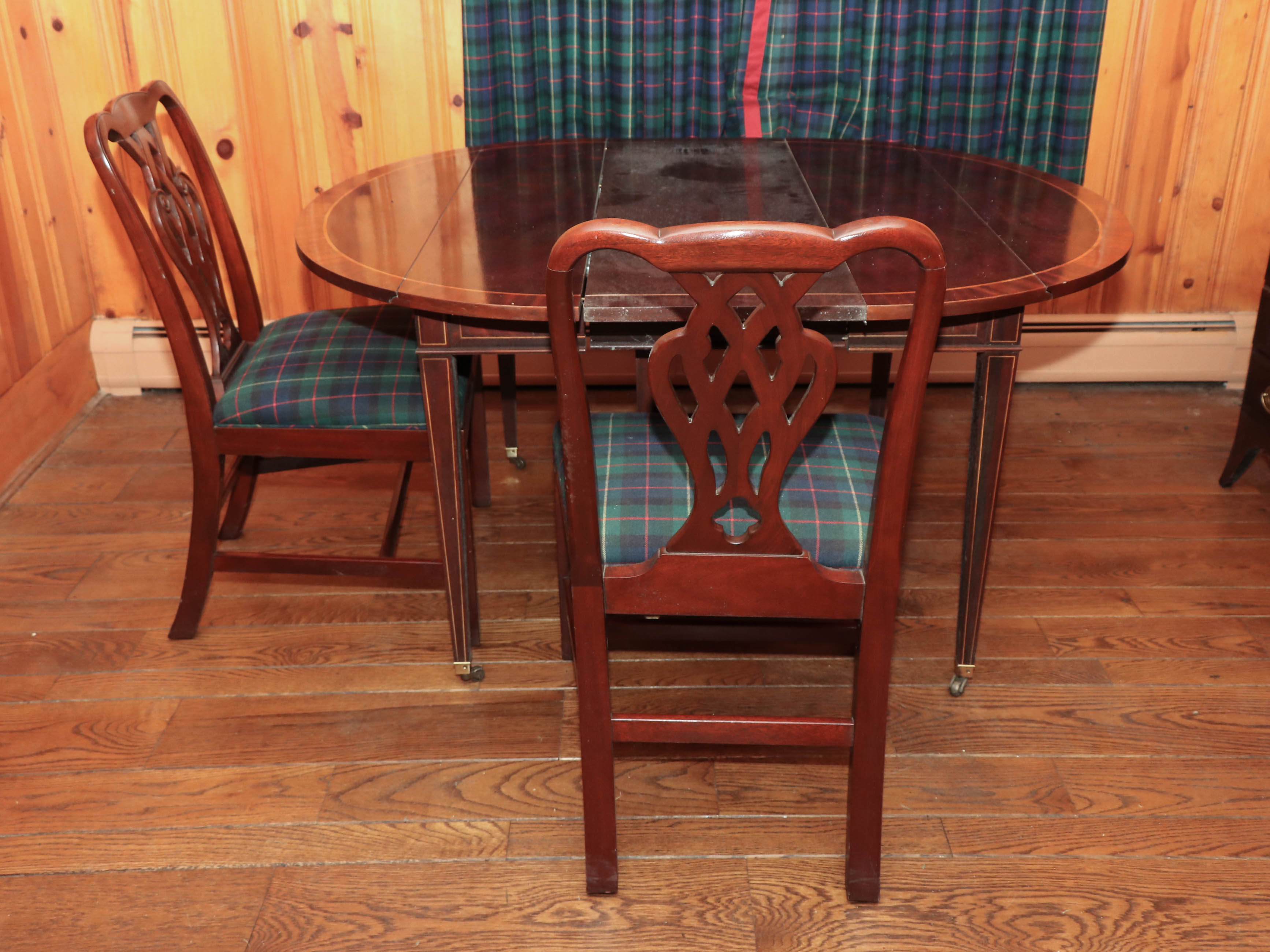 Baker Drop-Leaf Mahogany Dining Table with String Inlay, and Two Dining Chairs