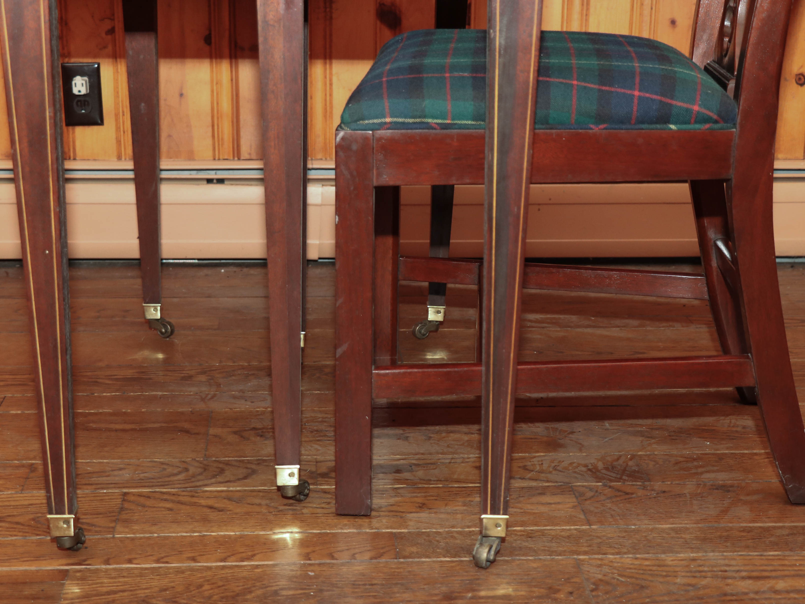 Baker Drop-Leaf Mahogany Dining Table with String Inlay, and Two Dining Chairs