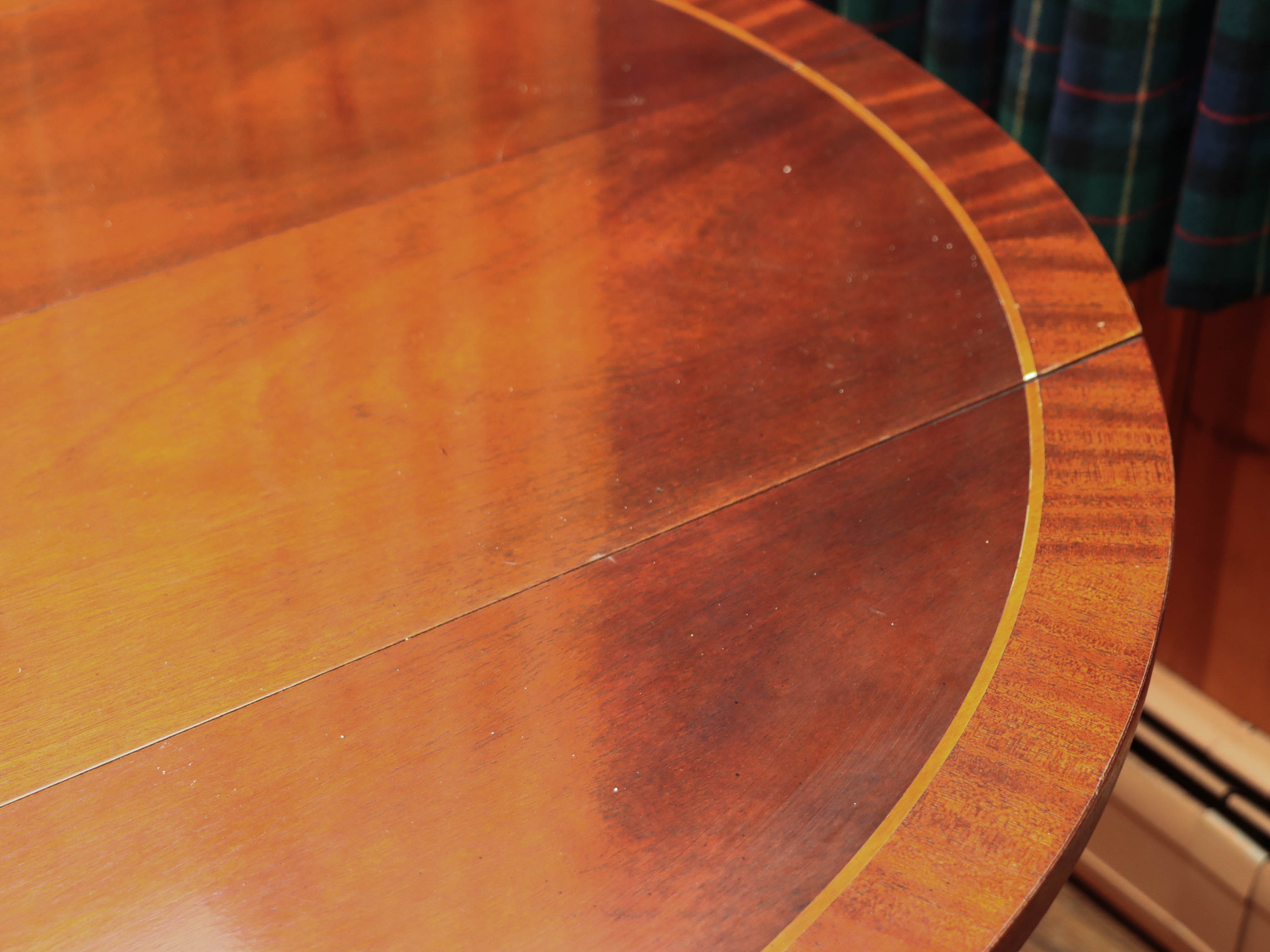 Baker Drop-Leaf Mahogany Dining Table with String Inlay, and Two Dining Chairs