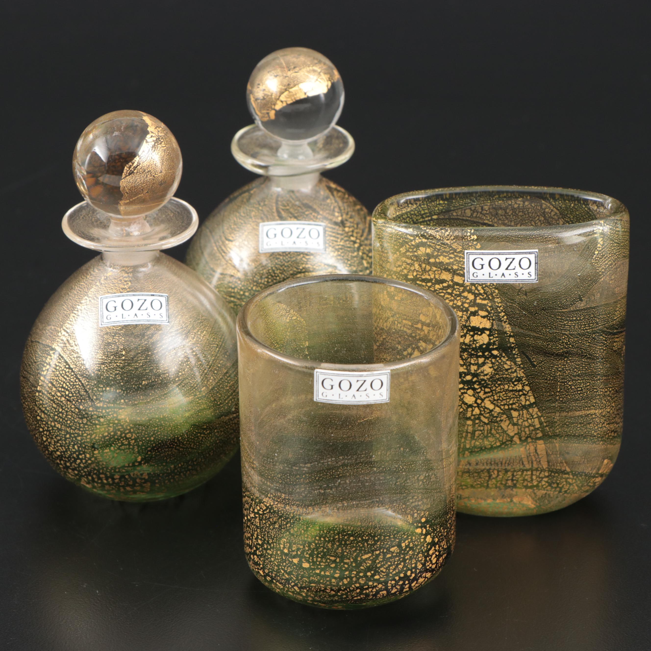 Gozo Green and Gold Art Glass "Verdi" Bud Vases and Decorative Bottles