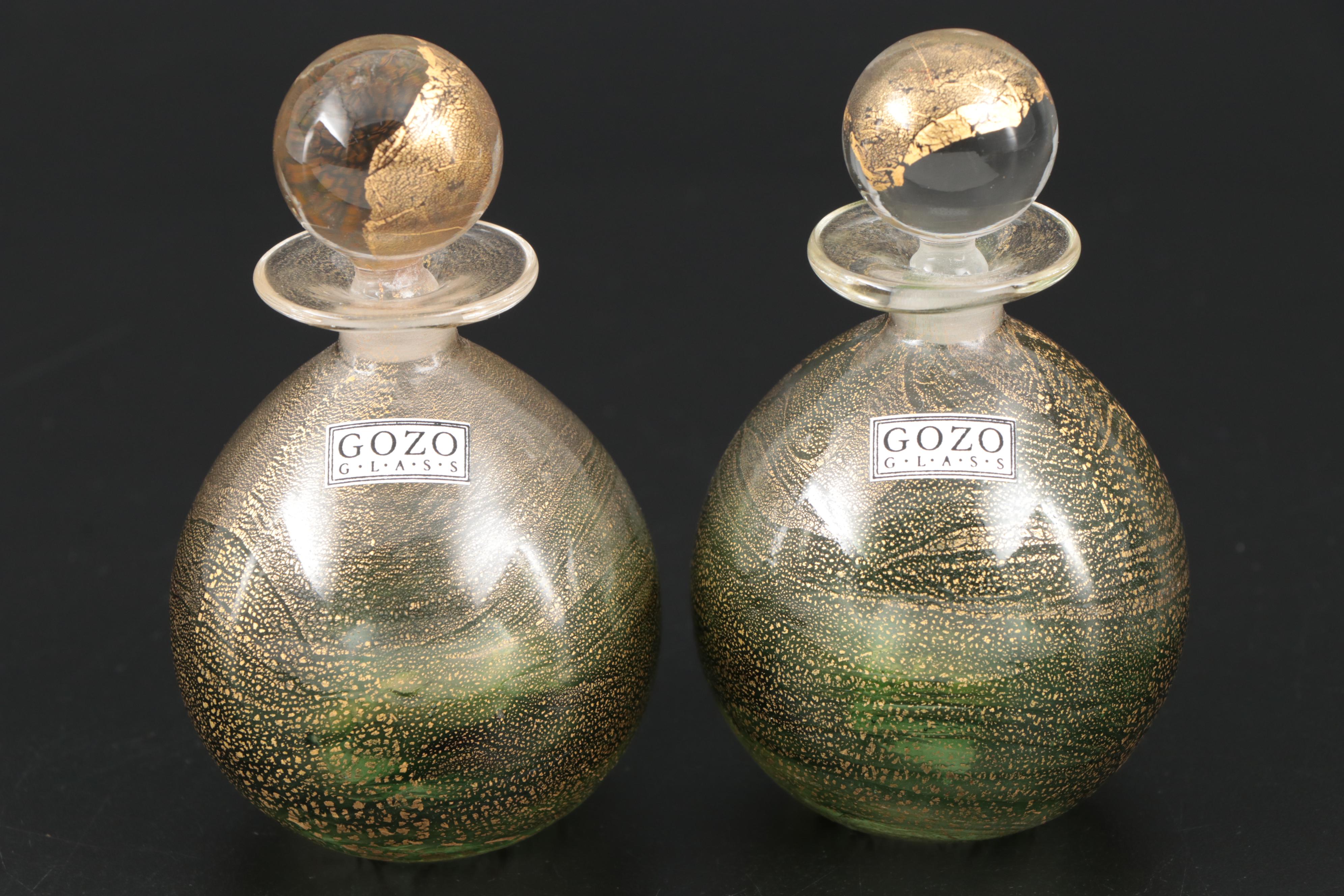 Gozo Green and Gold Art Glass "Verdi" Bud Vases and Decorative Bottles