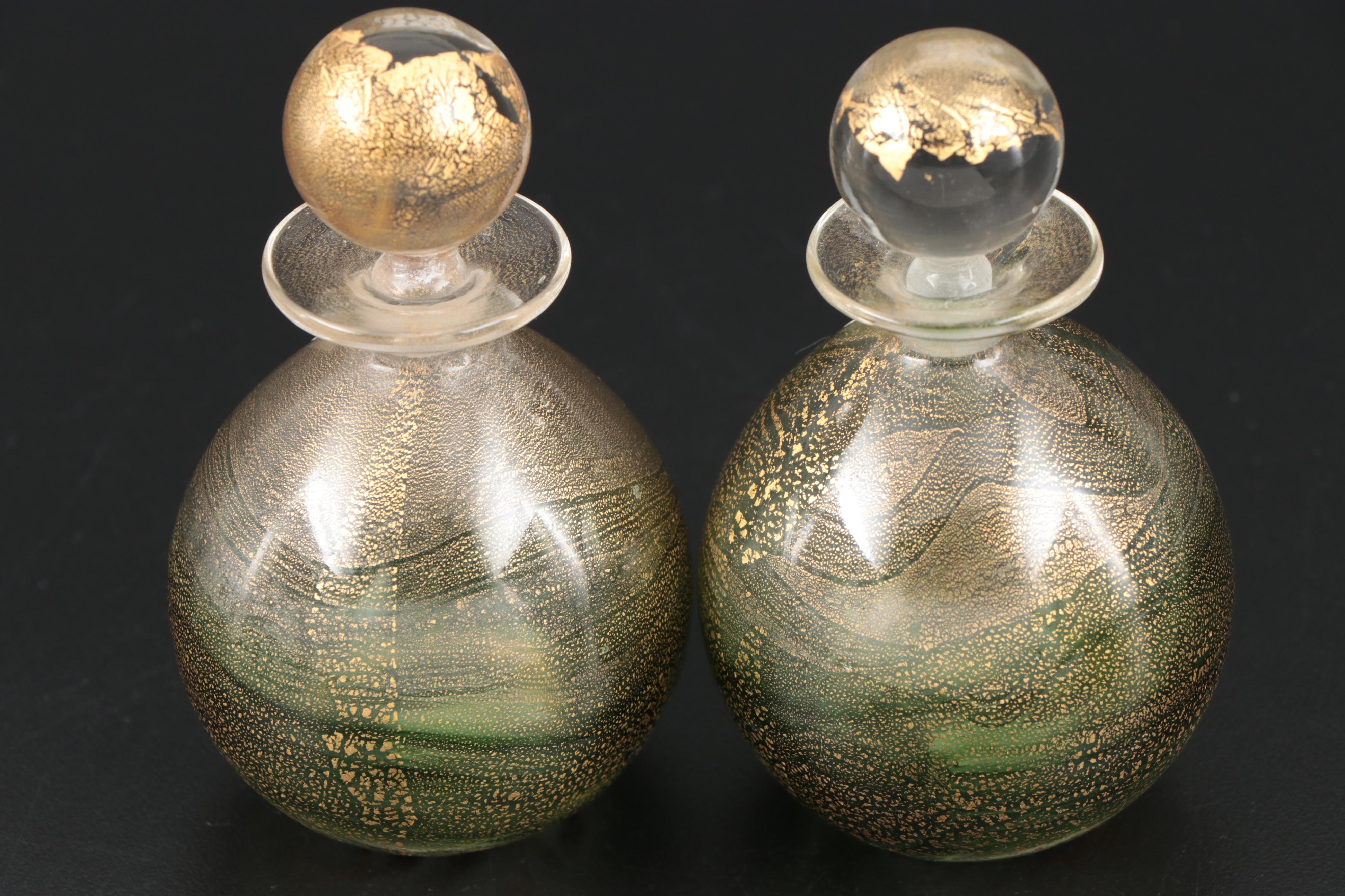Gozo Green and Gold Art Glass "Verdi" Bud Vases and Decorative Bottles