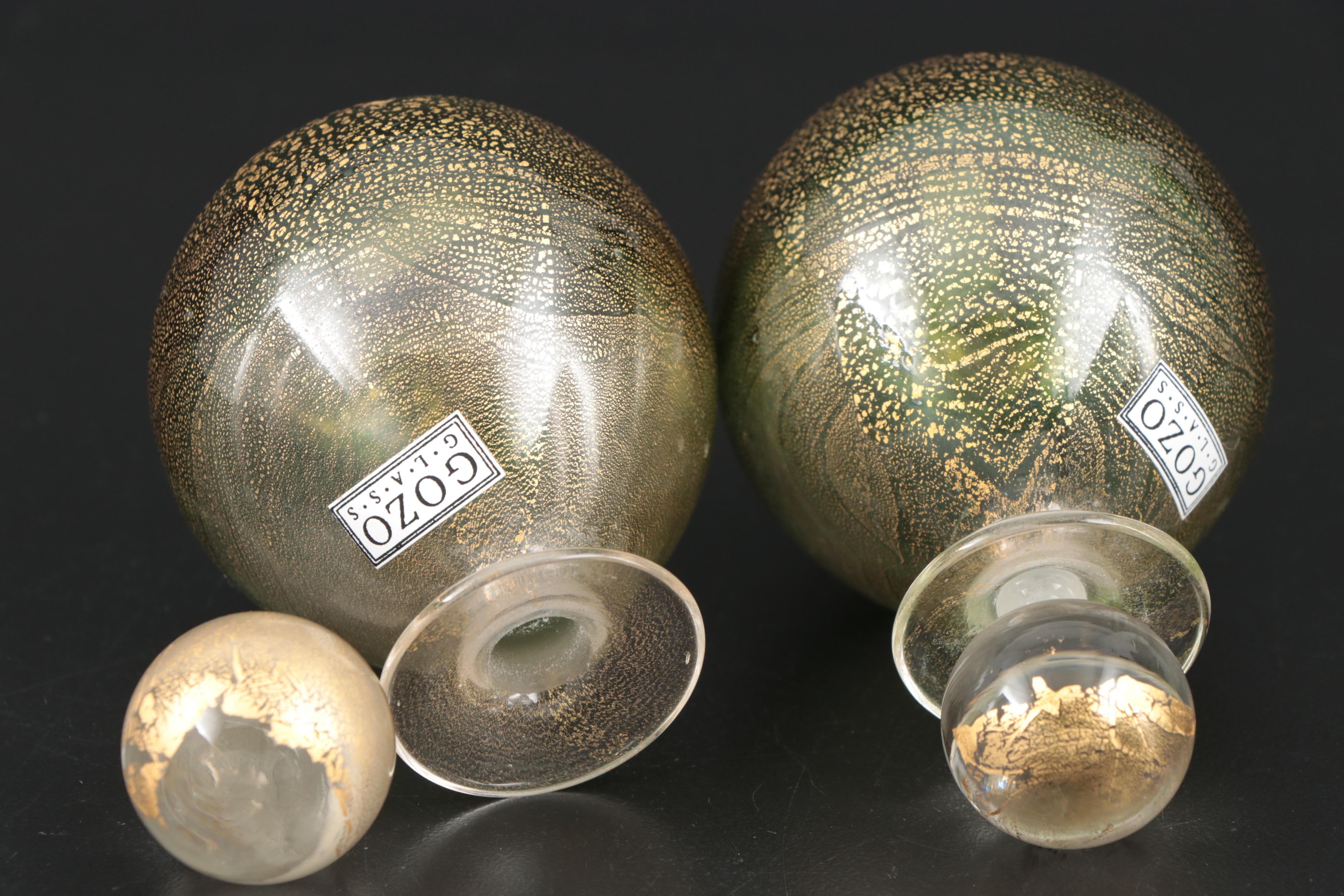 Gozo Green and Gold Art Glass "Verdi" Bud Vases and Decorative Bottles