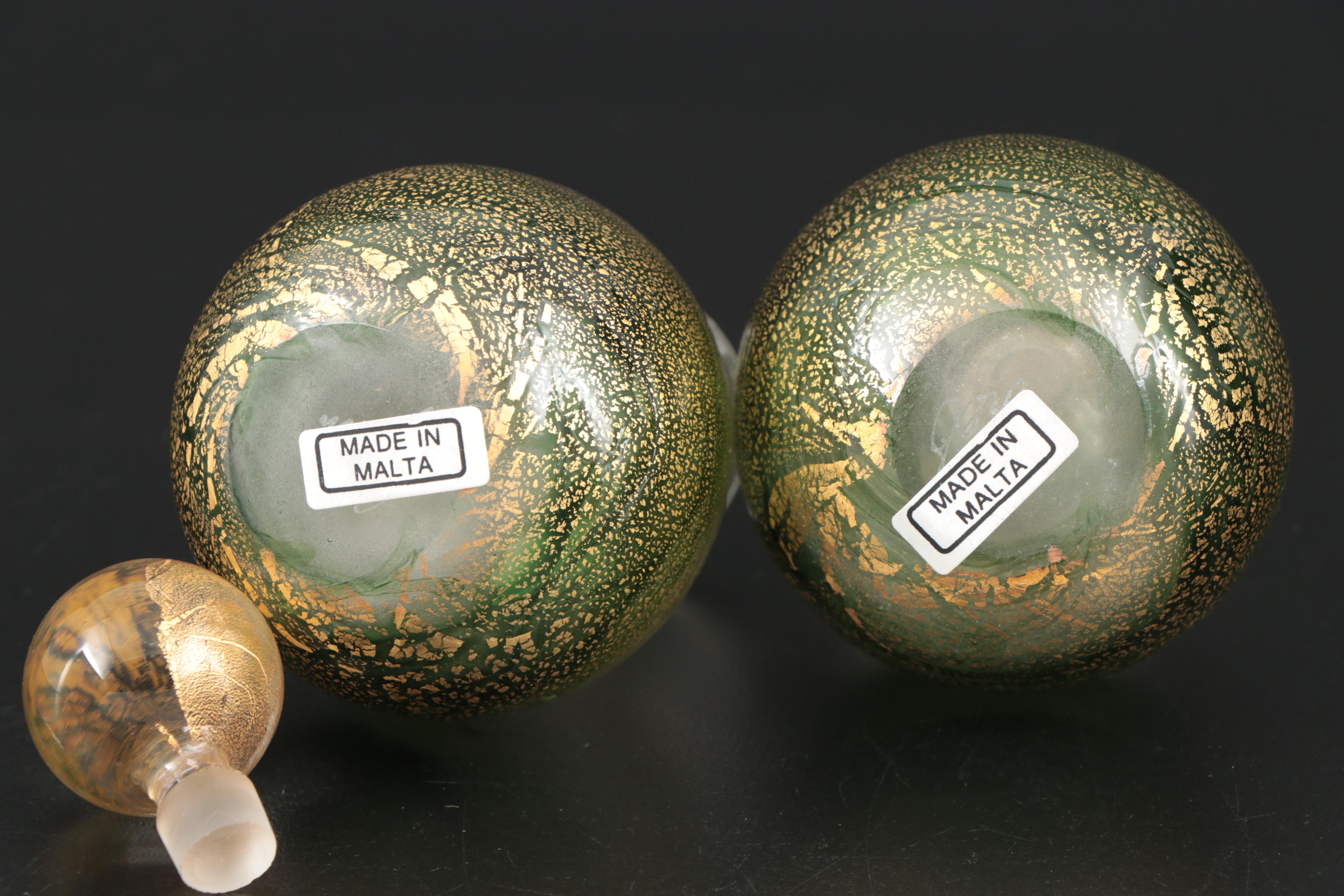 Gozo Green and Gold Art Glass "Verdi" Bud Vases and Decorative Bottles