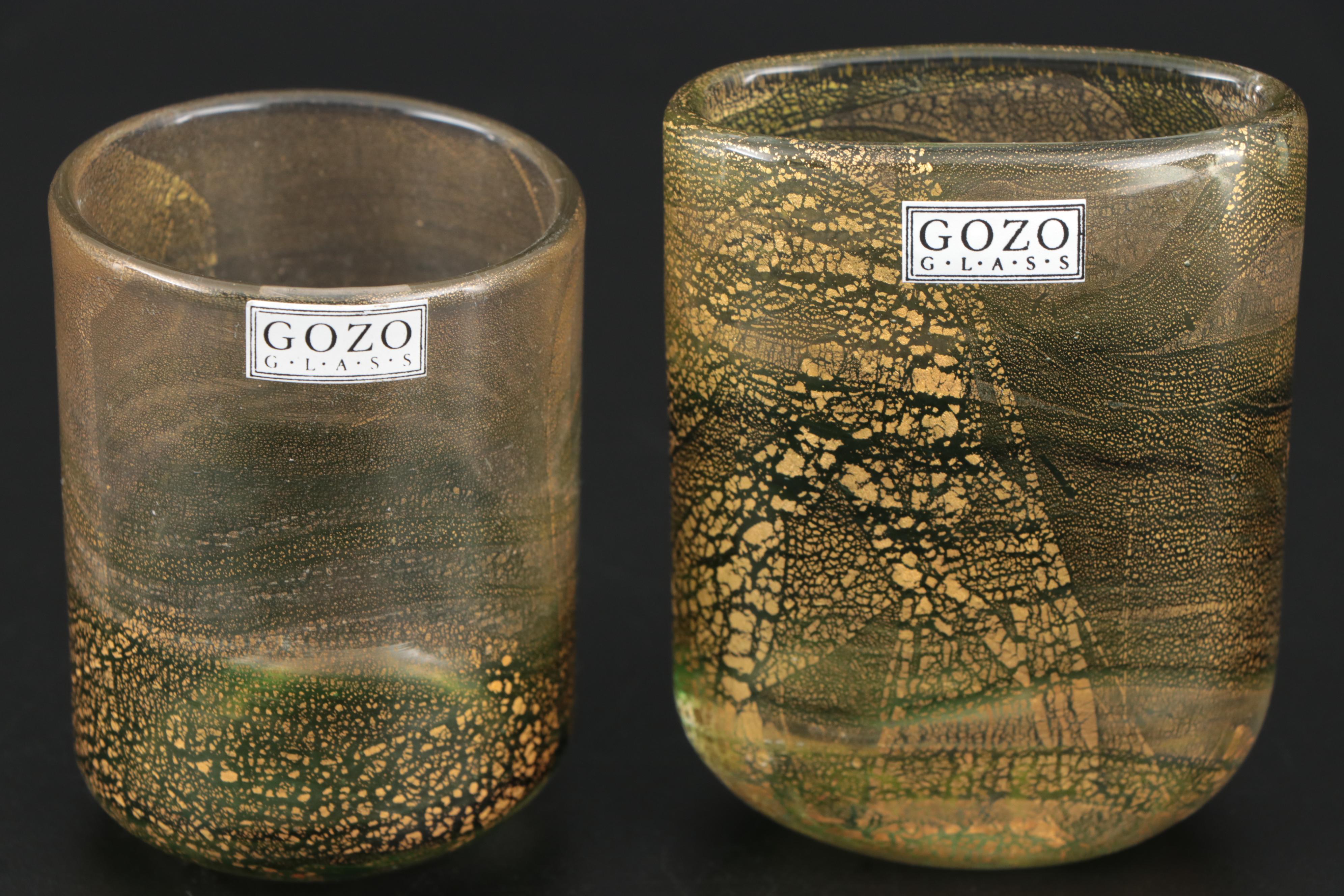 Gozo Green and Gold Art Glass "Verdi" Bud Vases and Decorative Bottles