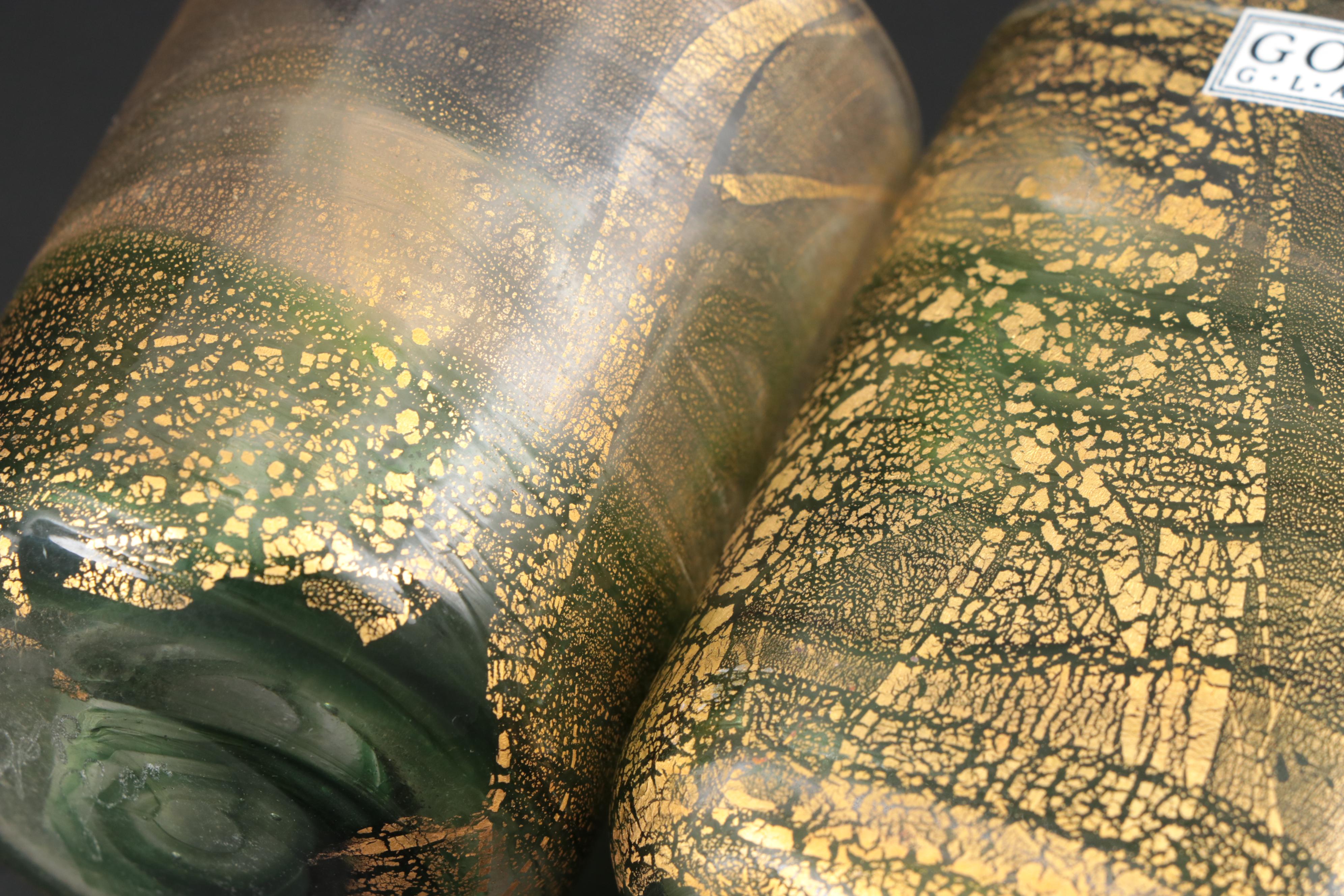 Gozo Green and Gold Art Glass "Verdi" Bud Vases and Decorative Bottles