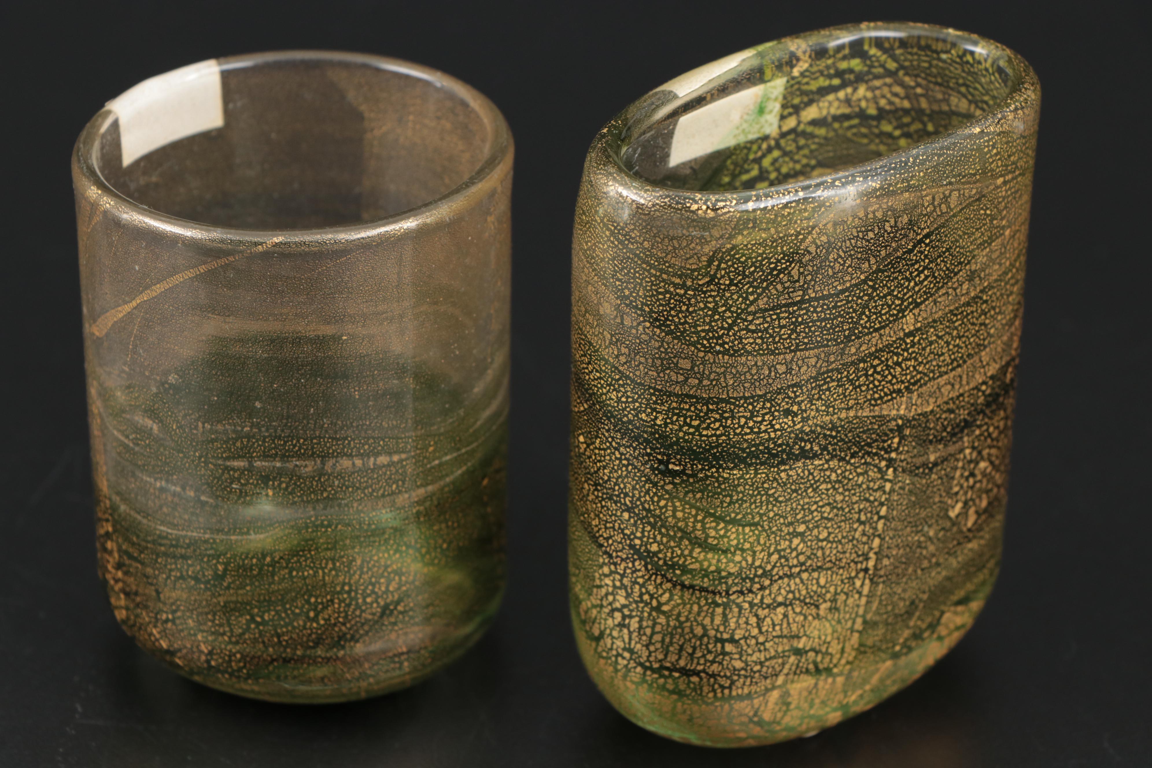 Gozo Green and Gold Art Glass "Verdi" Bud Vases and Decorative Bottles