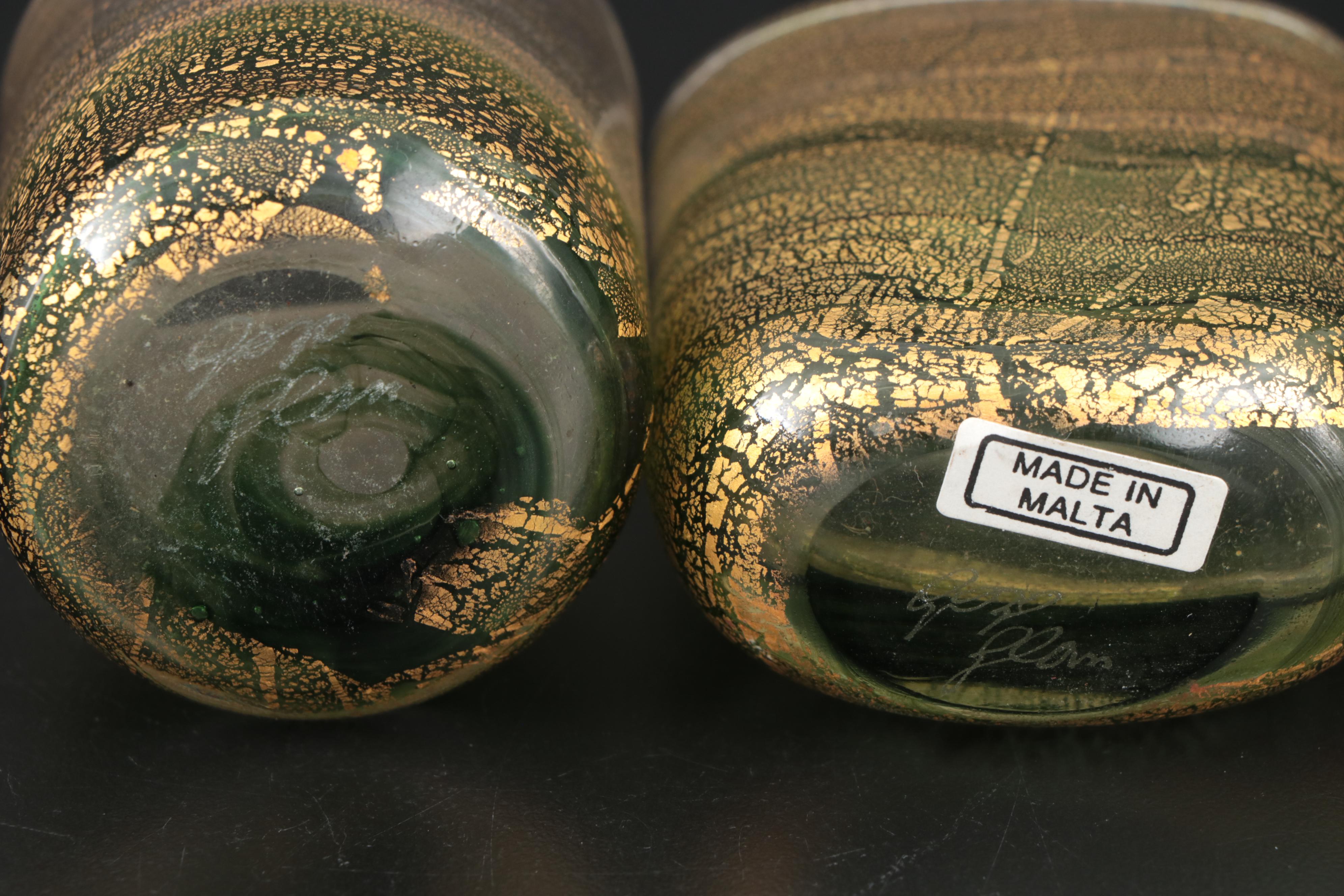 Gozo Green and Gold Art Glass "Verdi" Bud Vases and Decorative Bottles
