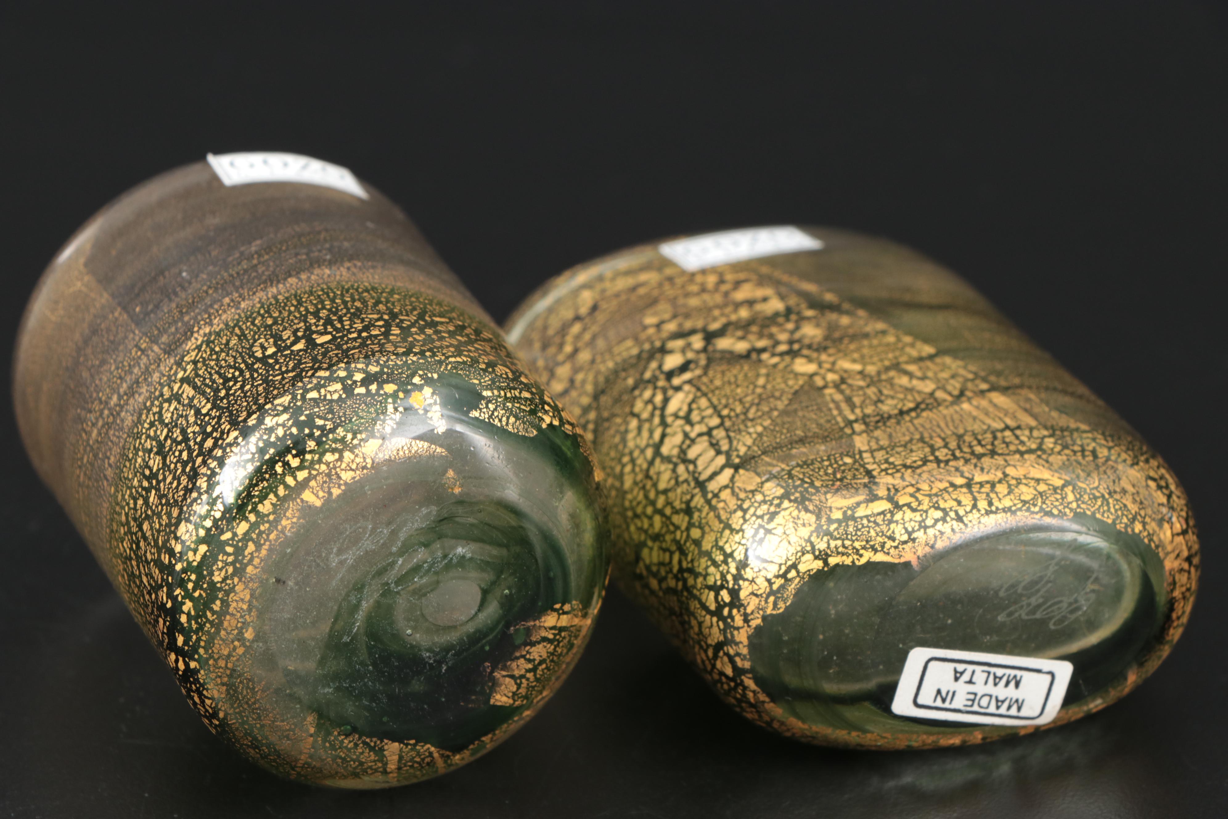 Gozo Green and Gold Art Glass "Verdi" Bud Vases and Decorative Bottles