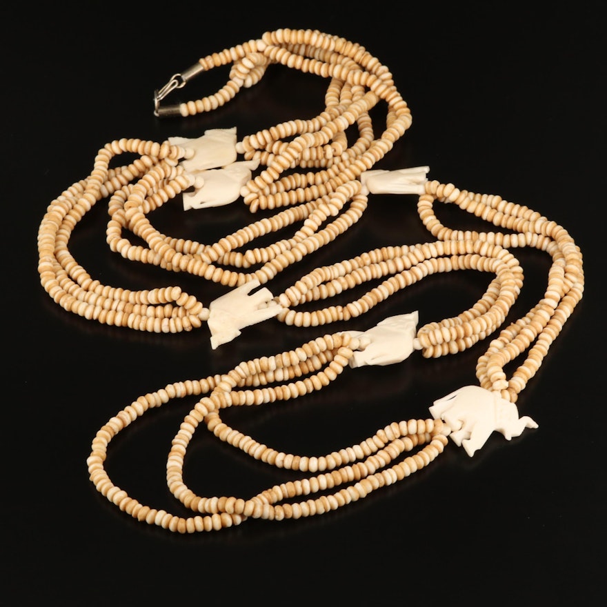 Multi-Strand Bone Necklace with Elephant Motif