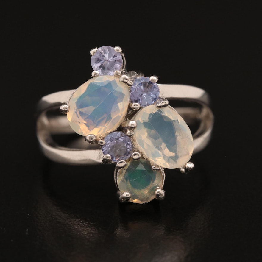 Sterling Silver Opal and Tanzanite Cluster Ring