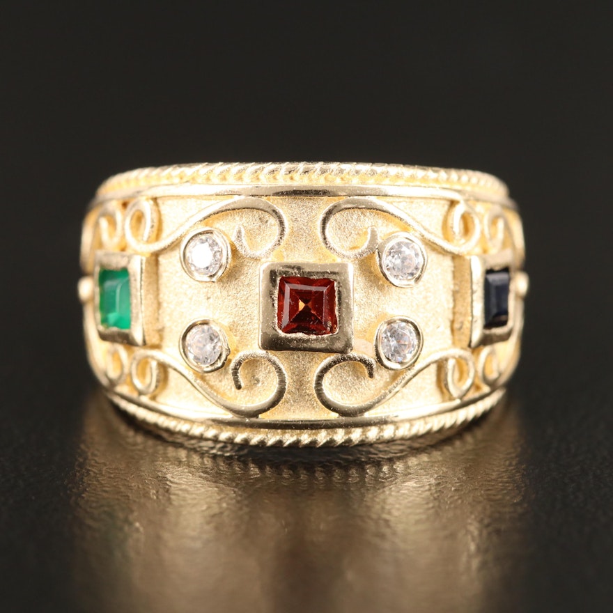 14K Garnet, Sapphire, Faux Emerald and Cubic Zirconia Tapered Band