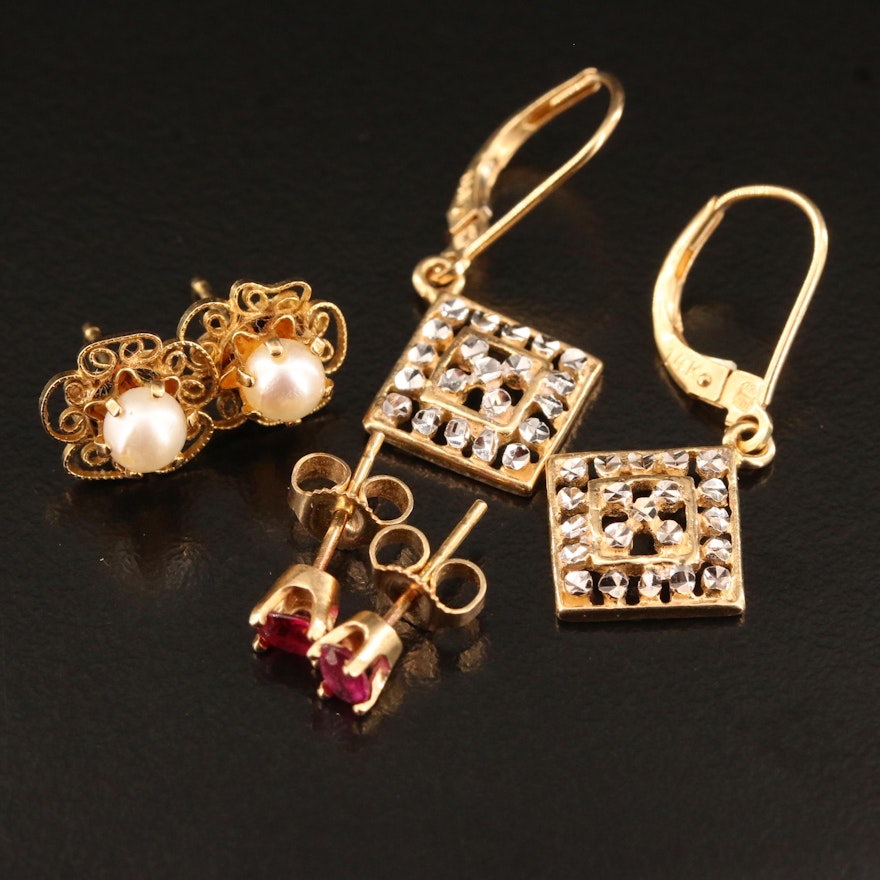 Selected 14K Stud and Drop Earrings Featuring Rubies and Pearls