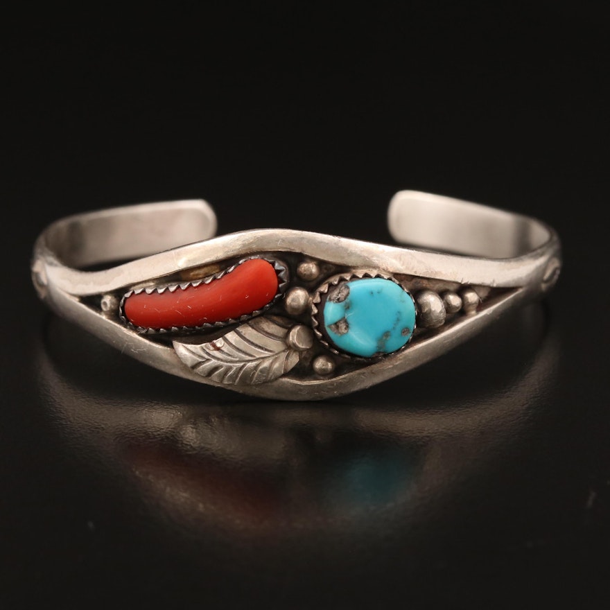 Signed Western Sterling Turquoise and Coral Cuff