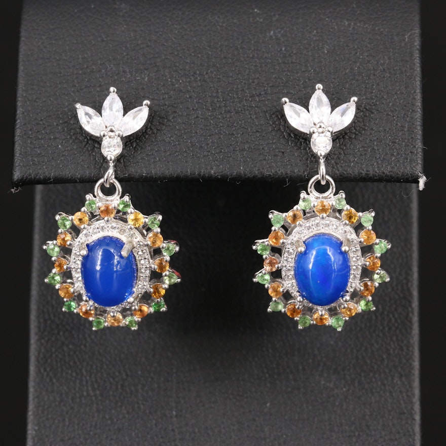 Sterling Silver Opal, Sapphire and Cubic Zirconia Dangle Earrings