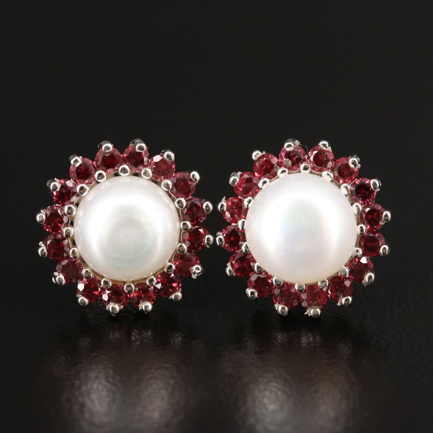 Sterling Silver Pearl and Rhodolite Garnet Stud Earrings