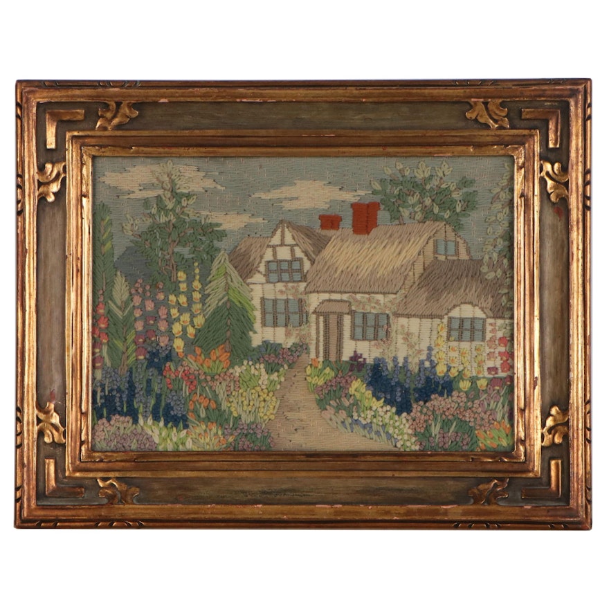 Crewel Embroidery Picture of Cottage in Stratford-upon-Avon, 20th Century