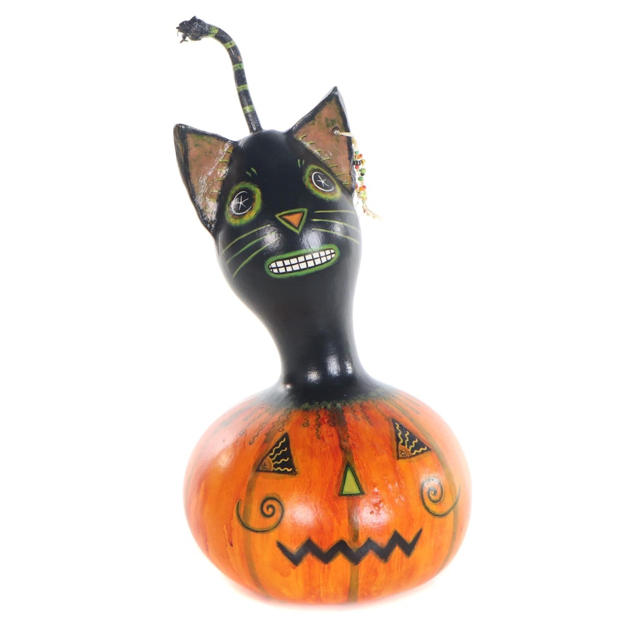 Rosey Bolte Folk Art Gourd Sculpture "Black Cat in Jack O' Lantern"