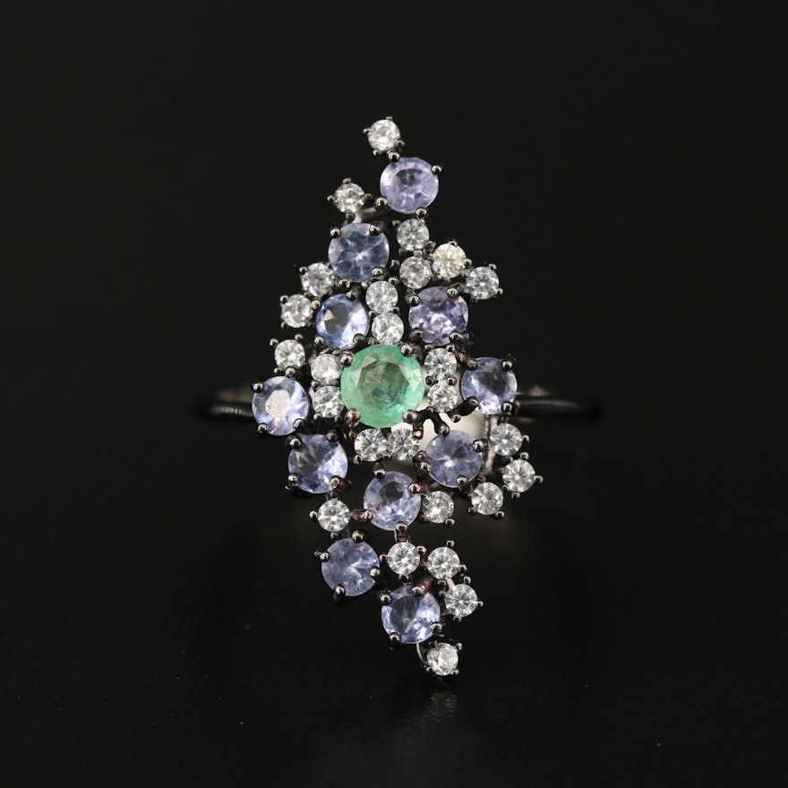 Sterling Silver Emerald, Tazanite and Cubic Zirconia Cluster Ring
