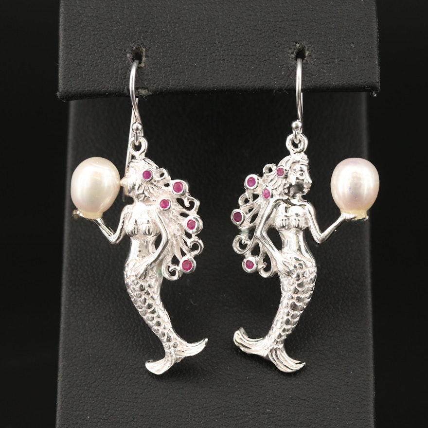 Sterling Pearl and Ruby Mermaid Earrings