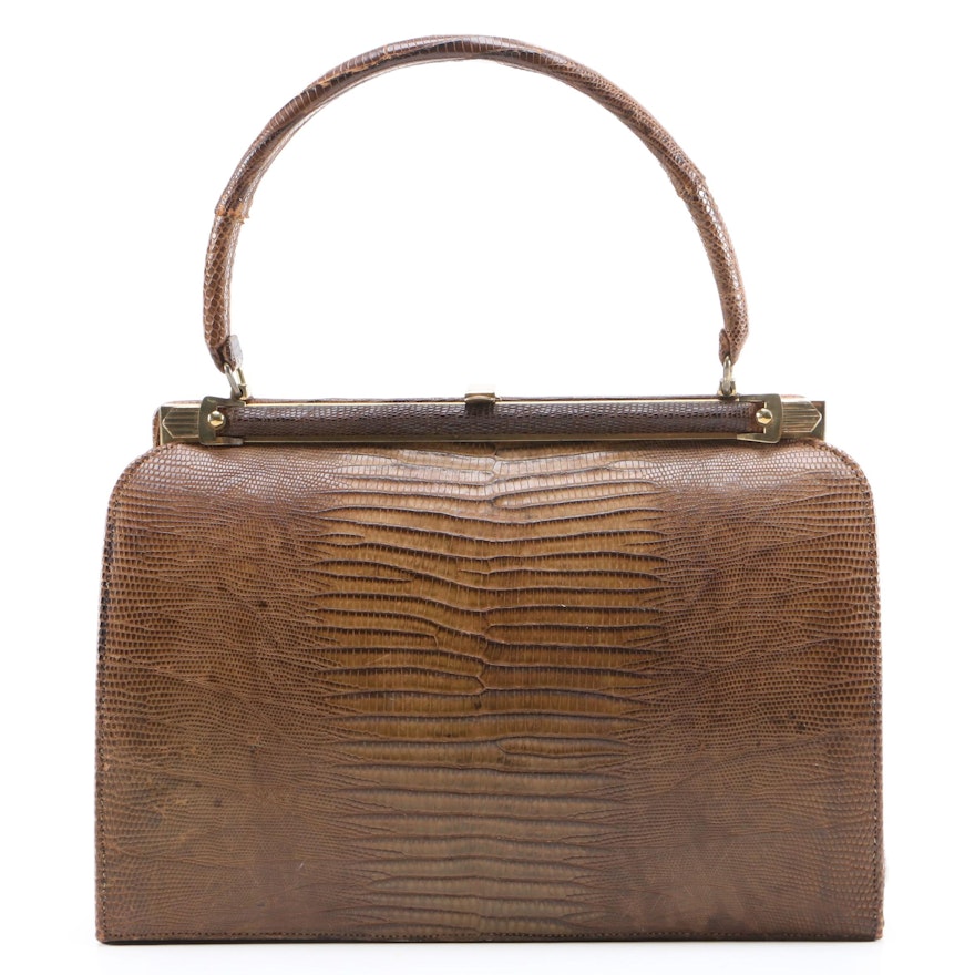 Bellestone Brown Lizard Skin Leather Handbag, Mid-20th Century