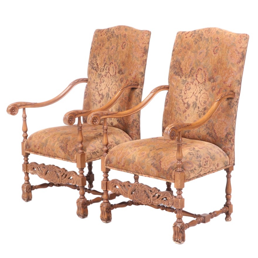 Pair of Baroque Style Beech Armchairs, 20th Century