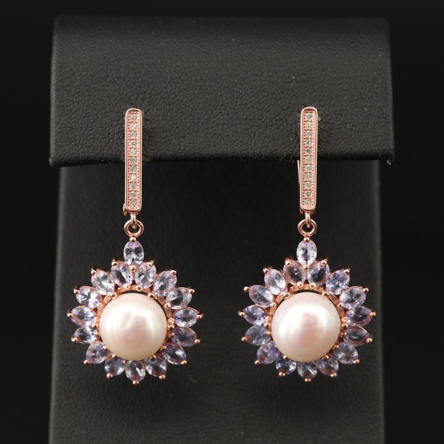 Sterling Pearl and Tanzanite Dangle Earrings