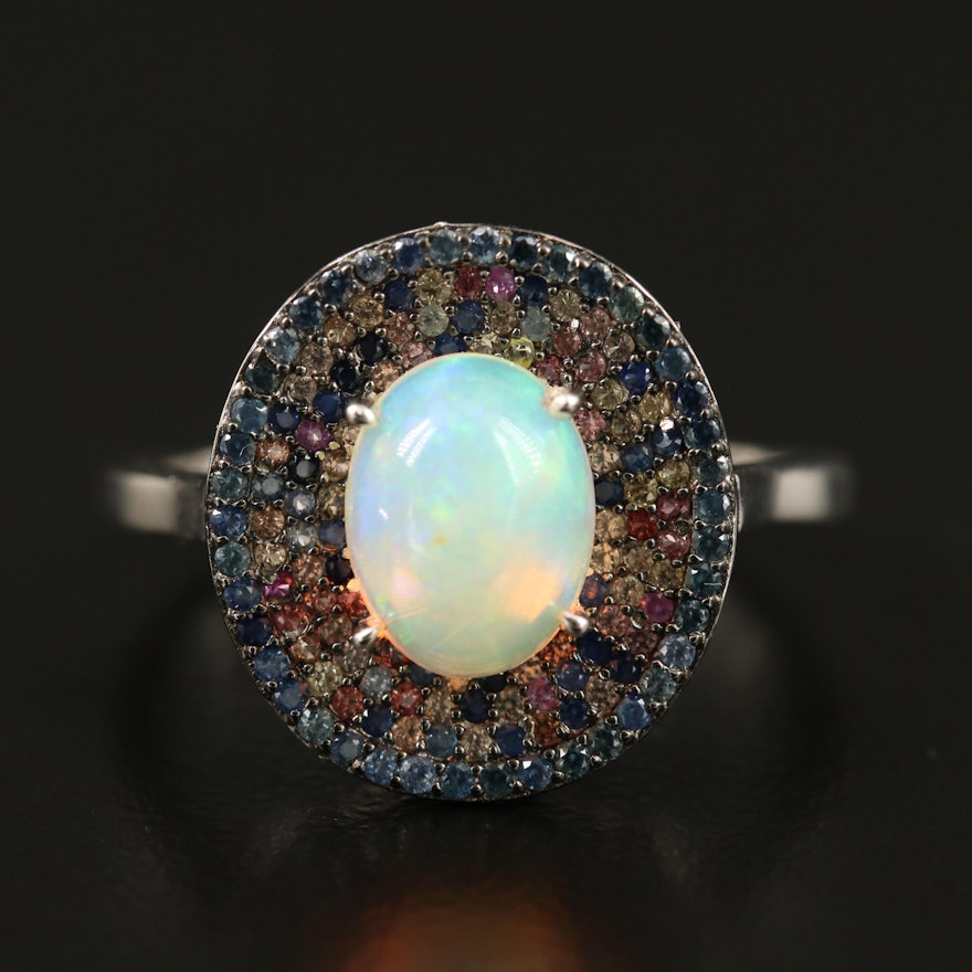 Sterling Silver Opal and Sapphire Oval Ring