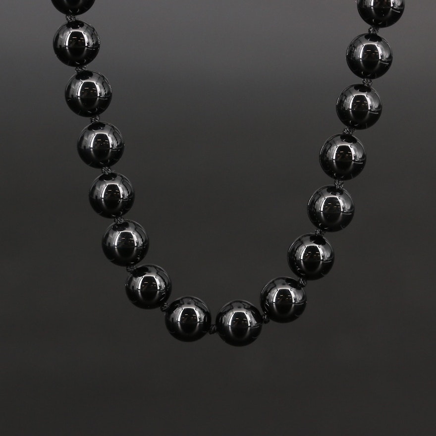 Hand Knotted Black Onyx Strand Necklace with 14K Clasp