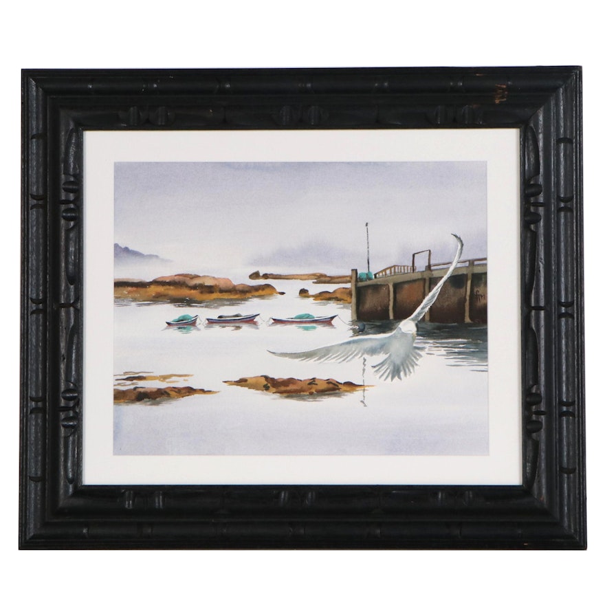 Frederica Marshall Watercolor Painting "Herring Boats, Stonington Harbor in Fog"