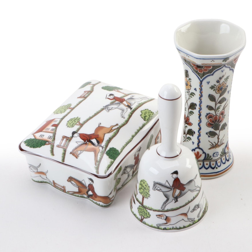 English Coalport Trinket Box, Bell and Delft Porcelain Floral Vase