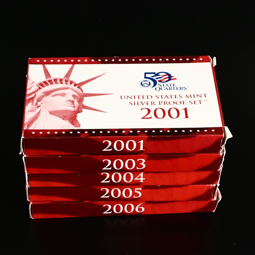 Five U.S. Mint Silver Proof Sets, 2001 to 2006