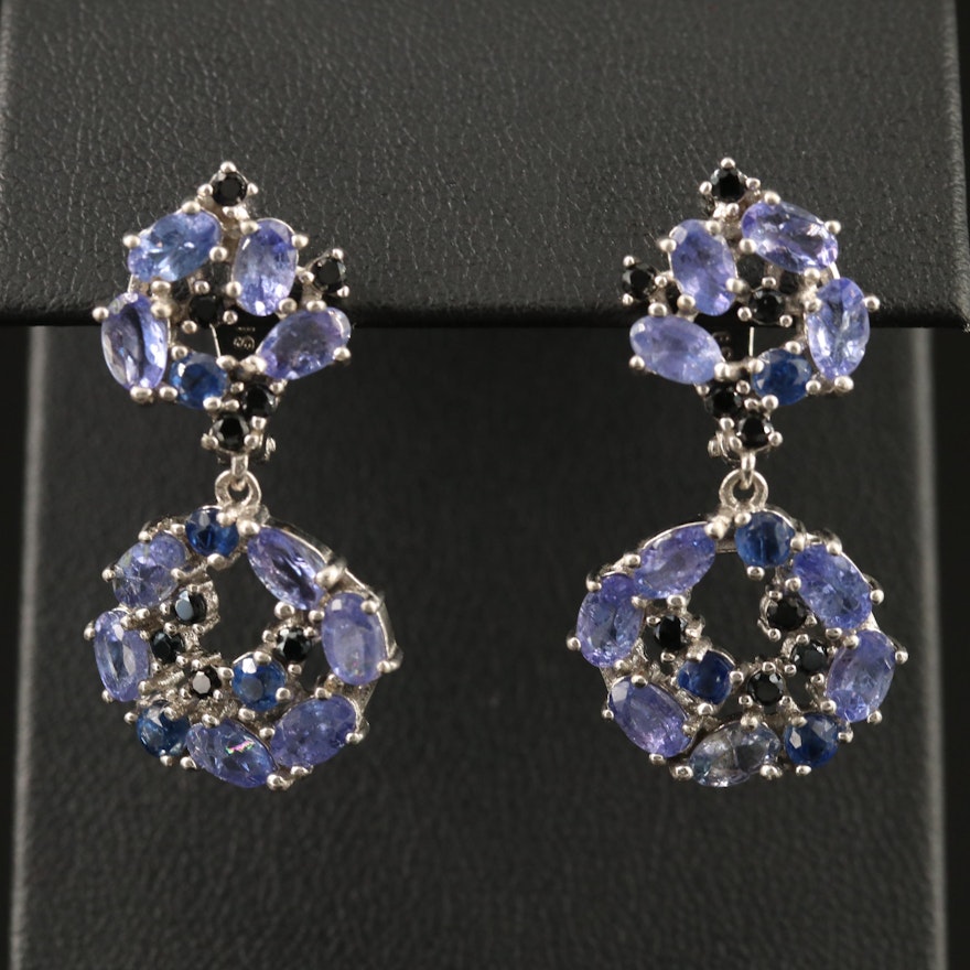 Sterling Silver Tanzanite, Kyanite and Black Spinel Dangle Earrings